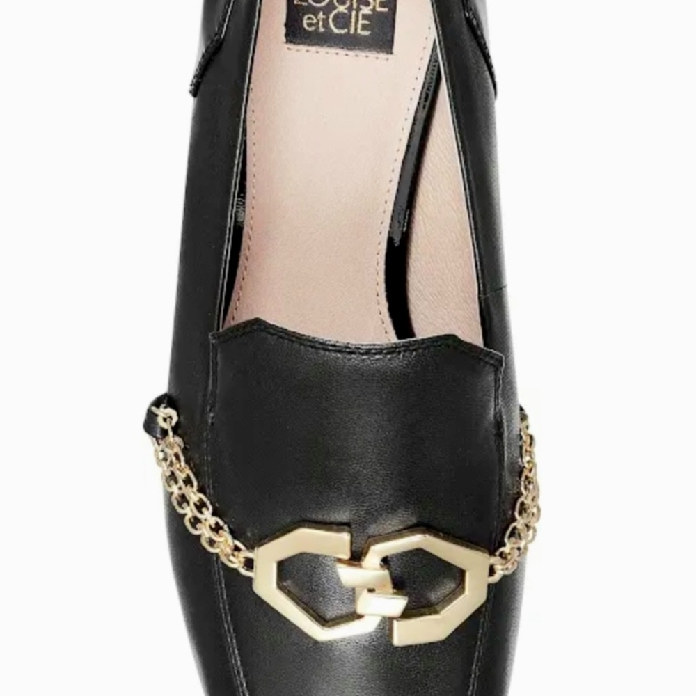 Black Leather Loafers with Gold Chain Detail - Picture 2 of 5